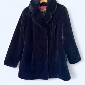 Isaac Mizrahi Navy blue faux fur coat with snap buttons. Womens size medium
